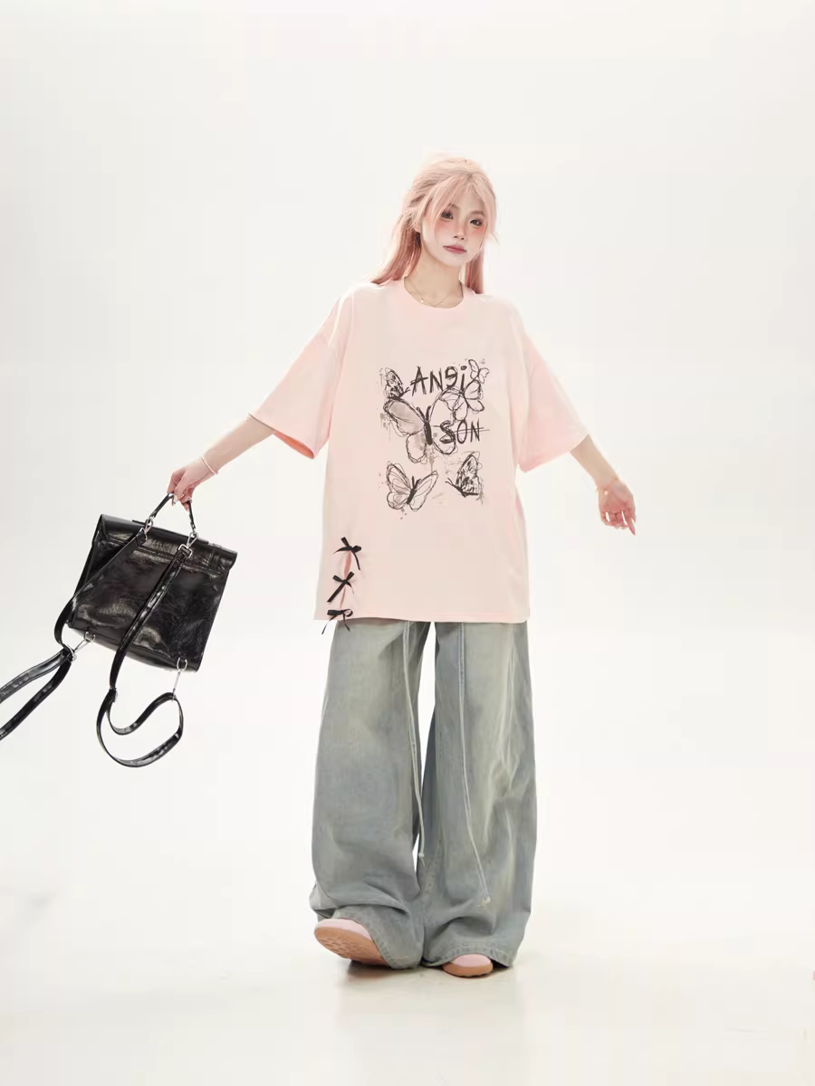 Niche Lazy-Style Oversized Short-Sleeve Butterfly Gray T-Shirt for Women – Summer 2026 New Loose Top