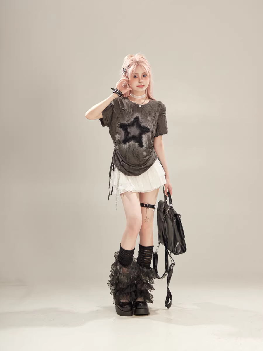 Asian-Style Post-Apocalyptic Slim-Fit Shoulder Short-Sleeve T-Shirt for Women – Summer 2026 New Y2K Drawstring Design Top