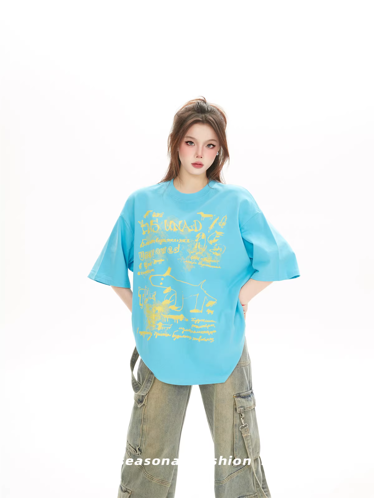 American-Style Niche Loose-Fit Dopamine Blue Short-Sleeve T-Shirt for Women – Summer 2026, Couple Top, Half-Length Sleeve Tee