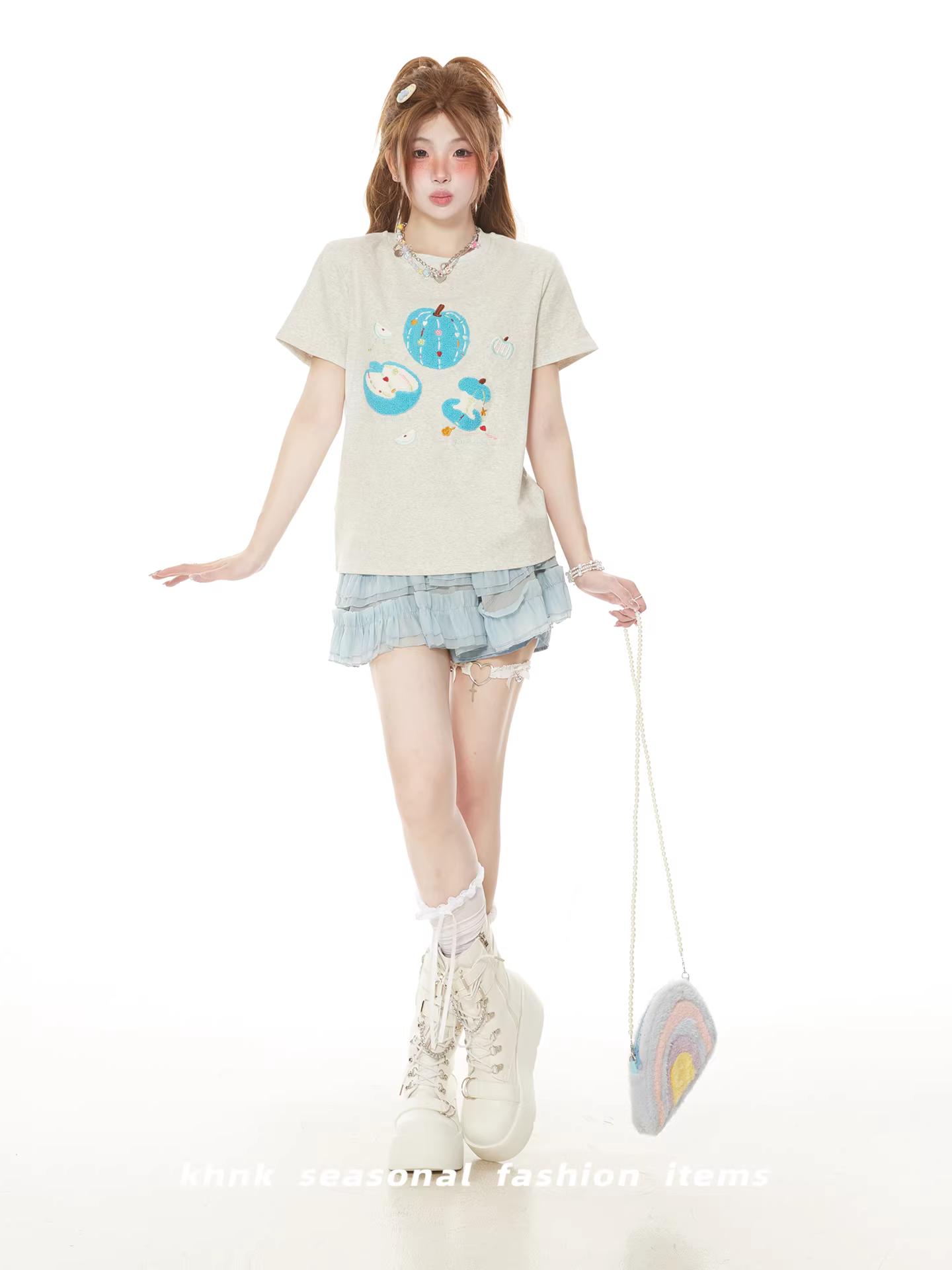 Sweet & Cute Fruit Towel-Embroidered Slim-Fit Short-Sleeve T-Shirt for Women – Summer, Korean-Style Chic Shoulder Top, Petite Fit