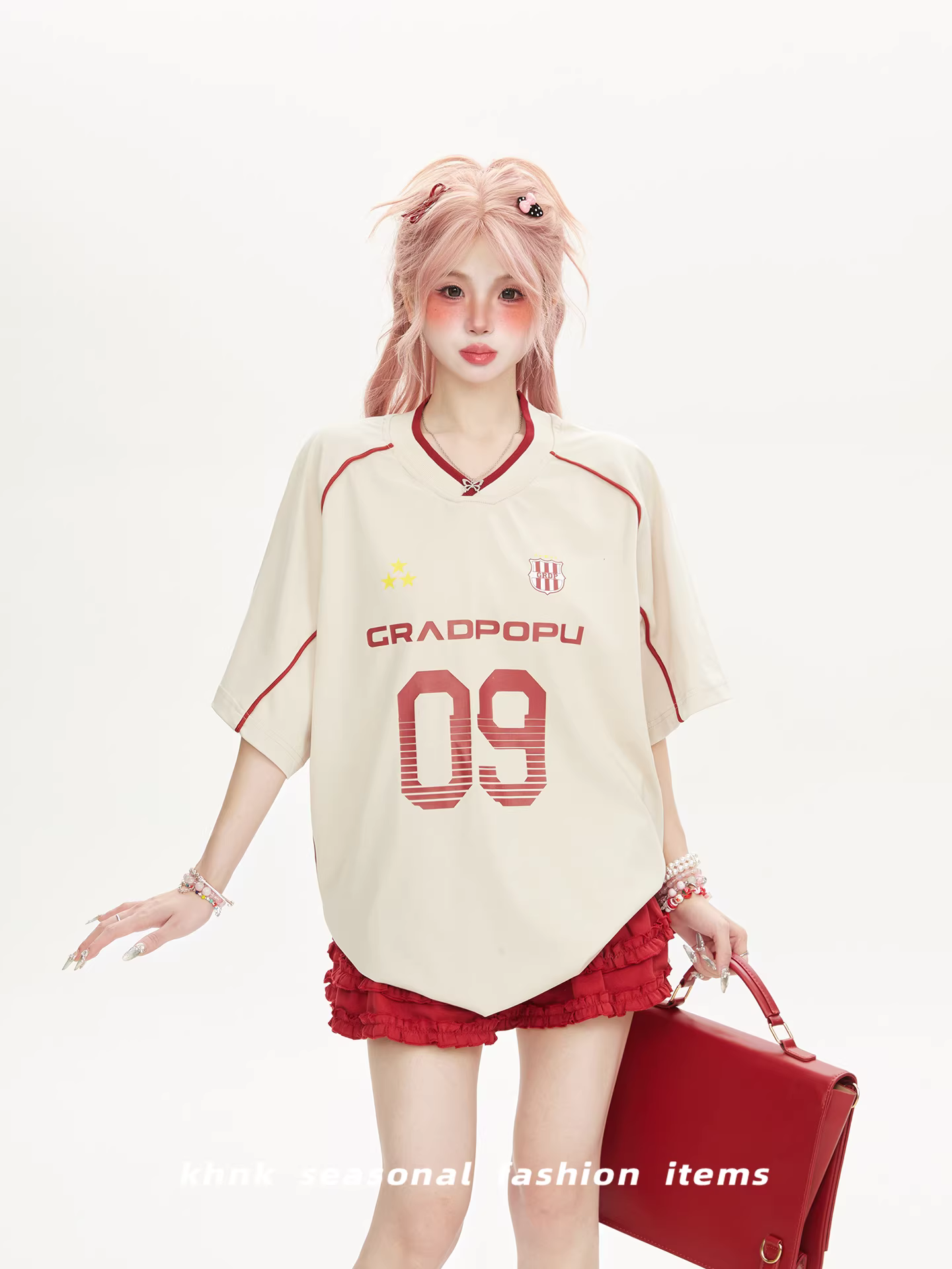American Oversized Baseball V-Neck Short-Sleeve T-Shirt for Women – Summer 2026 New Loose Couple Baseball Collar Top