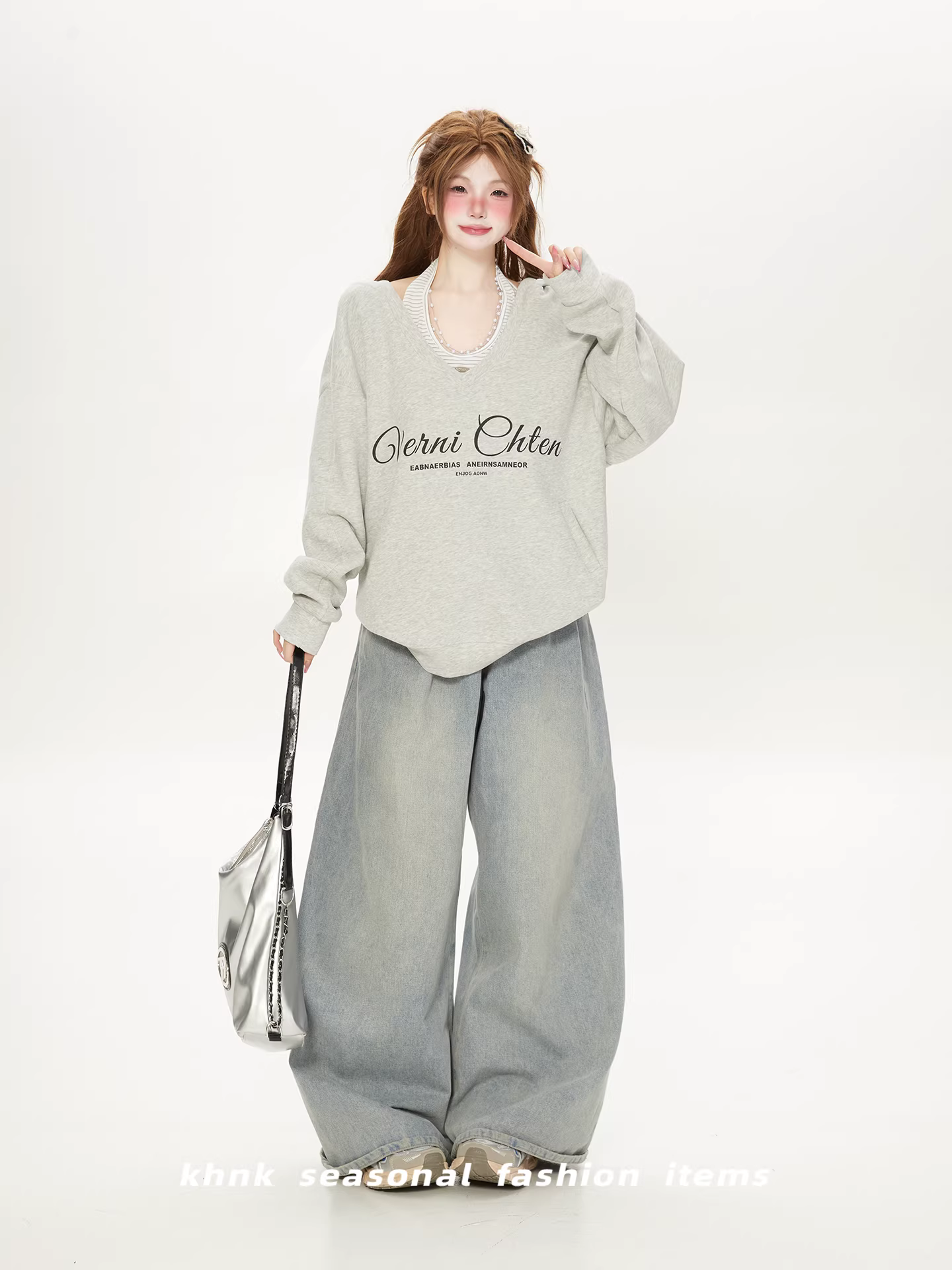 Sweet & Chic Gray Two-Piece Set with Hoodie and V-Neck Sweatshirt for Women – Spring, Loose Fit with Halter Vest, Trendy Niche Design