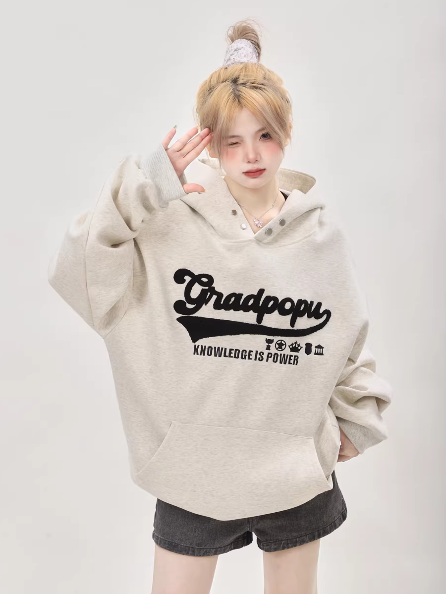 Lazy-Style Oversized American High-Street Embroidered Gray Sweatshirt for Women – Spring/Autumn 2026, Hooded Heavyweight Couple Top