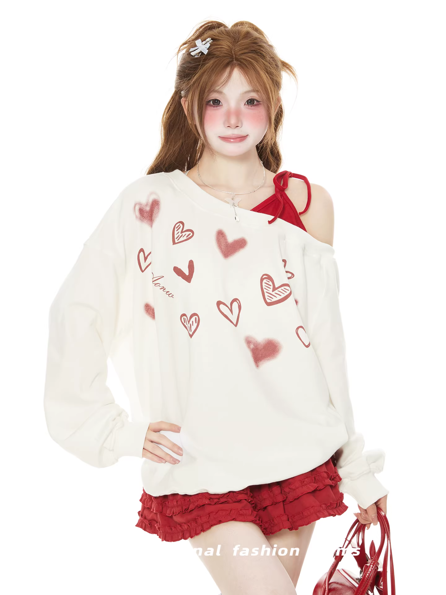 American-Style Heart-Print Faux Two-Piece Asymmetric Shoulder Sweatshirt for Women – 2026 New Lazy Chic Pullover Tank Top Jacket  电