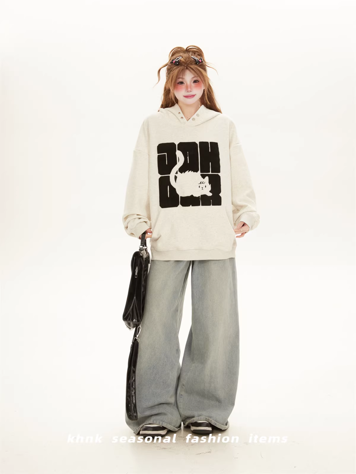 Heavyweight Korean-Style Lazy Oversized Hoodie for Women – Spring/Autumn 2026, Thickened Cute Cat Couple Jacket