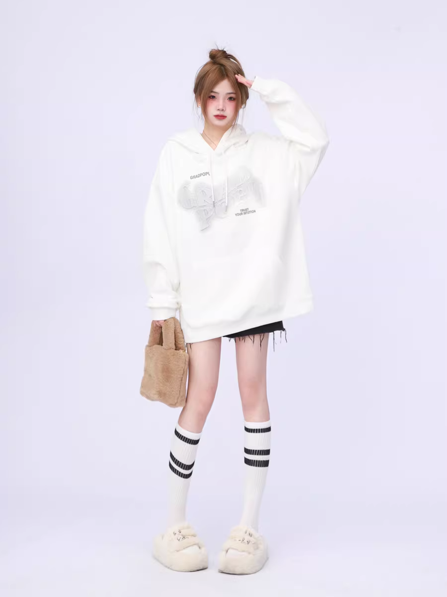 Korean-Style Lazy White Hoodie for Women – Spring/Autumn 2026, Oversized American High-Street Couple Sweatshirt