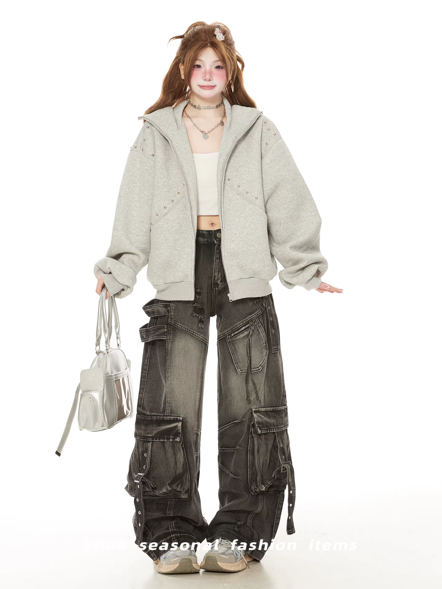 Heavyweight Poodle Studded-Ear Hoodie Zip-Up Sweatshirt for Women – Spring/Autumn 2026, Cool Oversized Jacket