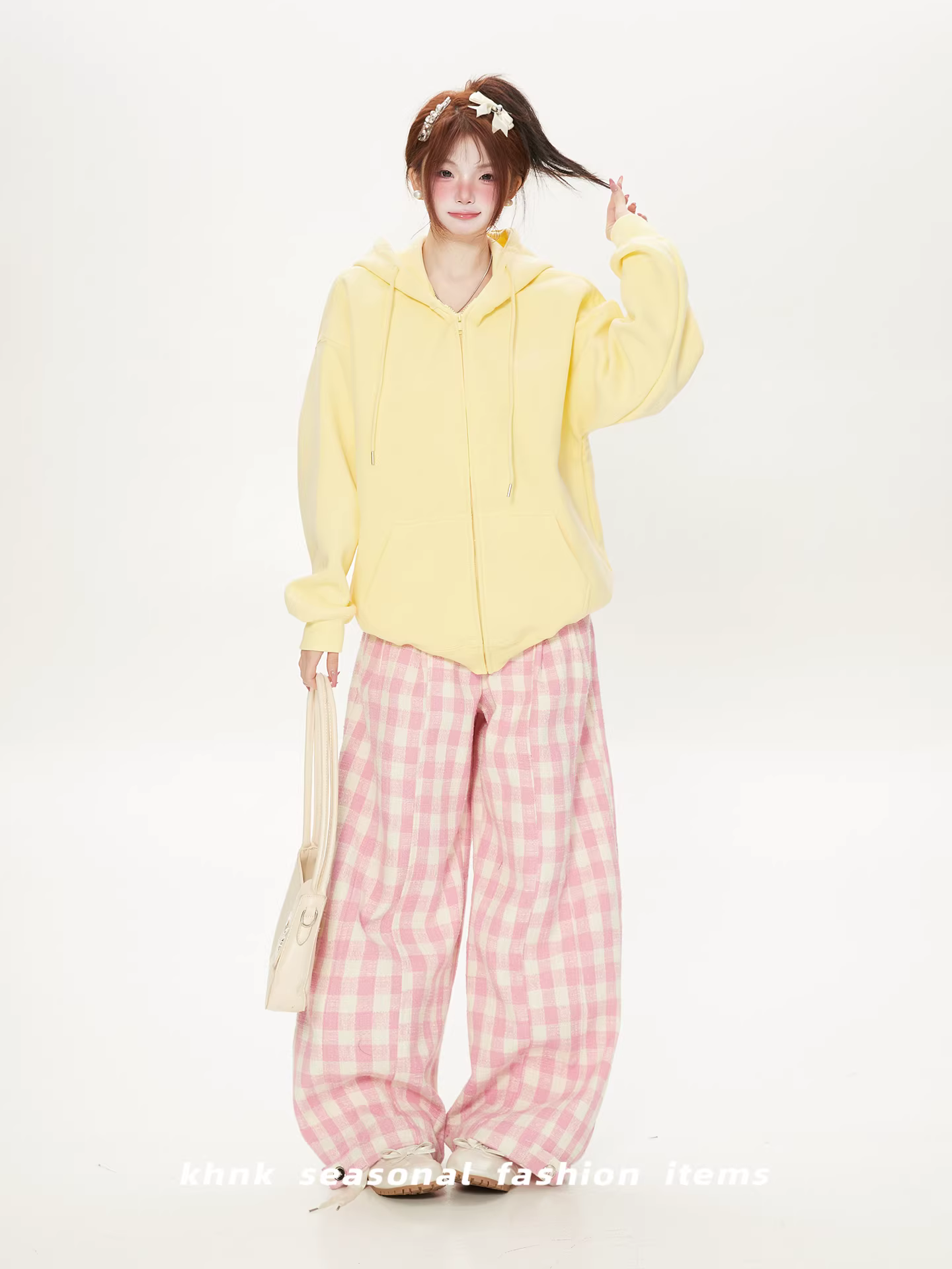 Unique Korean-Style Soft Drawstring Hoodie in Cream Yellow – 2026 New Women’s Zip-Up Sweatshirt, Sweet Niche Jacket