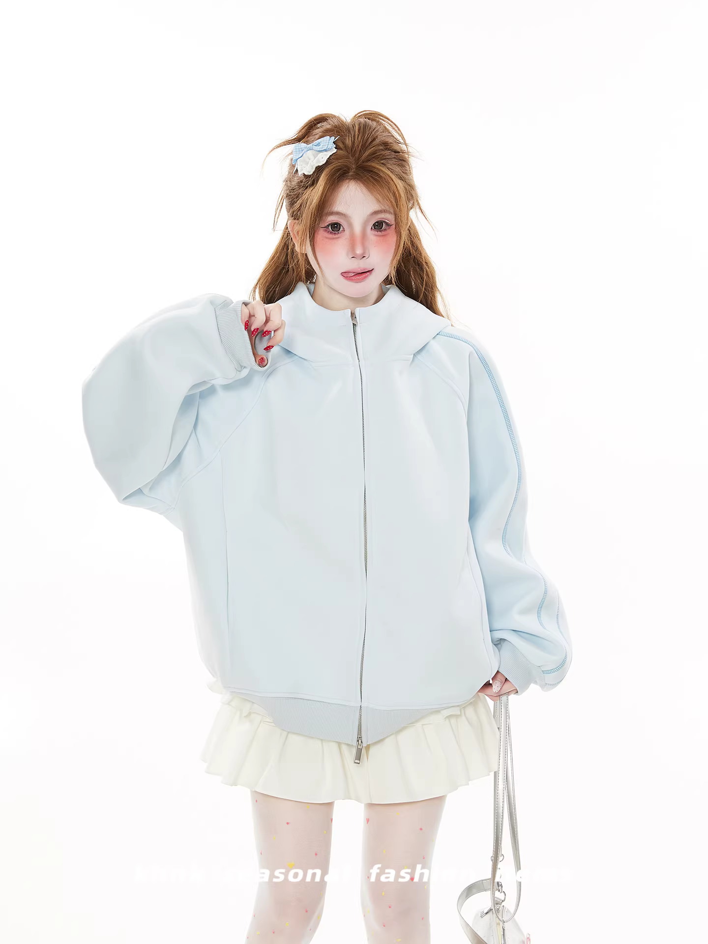 College-Style Trendy Blue Oversized Jacket for Women – Spring/Autumn 2026, Cute “Milk Sweet” Loose Hoodie Zip-Up, Niche Fashion